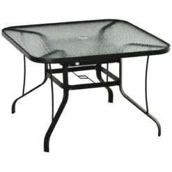 Outsunny Mesa De Cristal De Jardín Con Agujero Para Sombrilla Mesa Para Comer Cuadrada Con Marco De Acero Para Exterior Terraza Balcón 106,5x106,5x71 Cm Negro