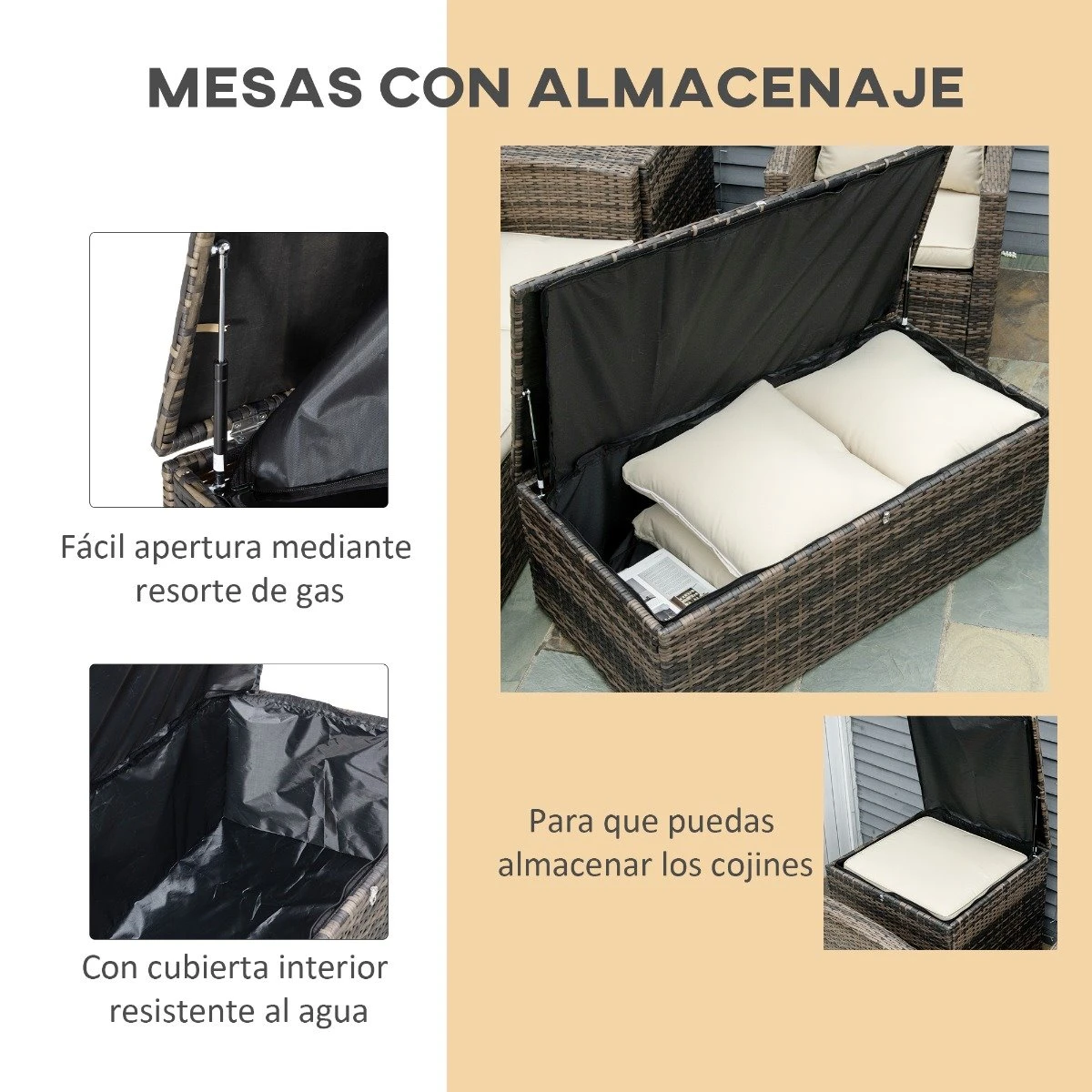 Outsunny Conjunto De Muebles De Jardín De Ratán 6 Piezas Sofá Doble Sofá De 3 Plazas 2 Sillones Individuales 2 Mesas Auxiliares Con Almacenamiento Y Cojines Acolchados Marrón Y Crema - Imagen 6