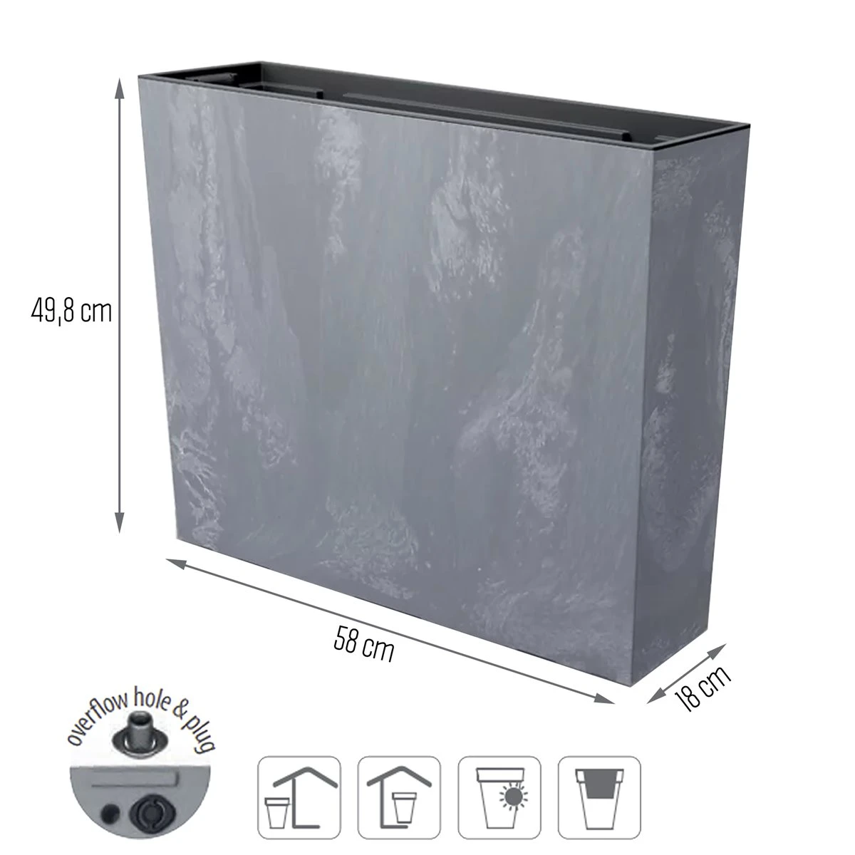 Prosperplast Jardinera Para Balcón Urbi Case Beton Effect , Con Depósito, Dimensiones (Mm) 580X180X498, Color Marengo - Imagen 3