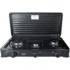 MPM KN-03/1KB Cocina Gas Portátil Camping, 3 Quemadores, Rejilla Esmaltada, Tapa Protectora, Normativa G30-37 Mbar, , Negro