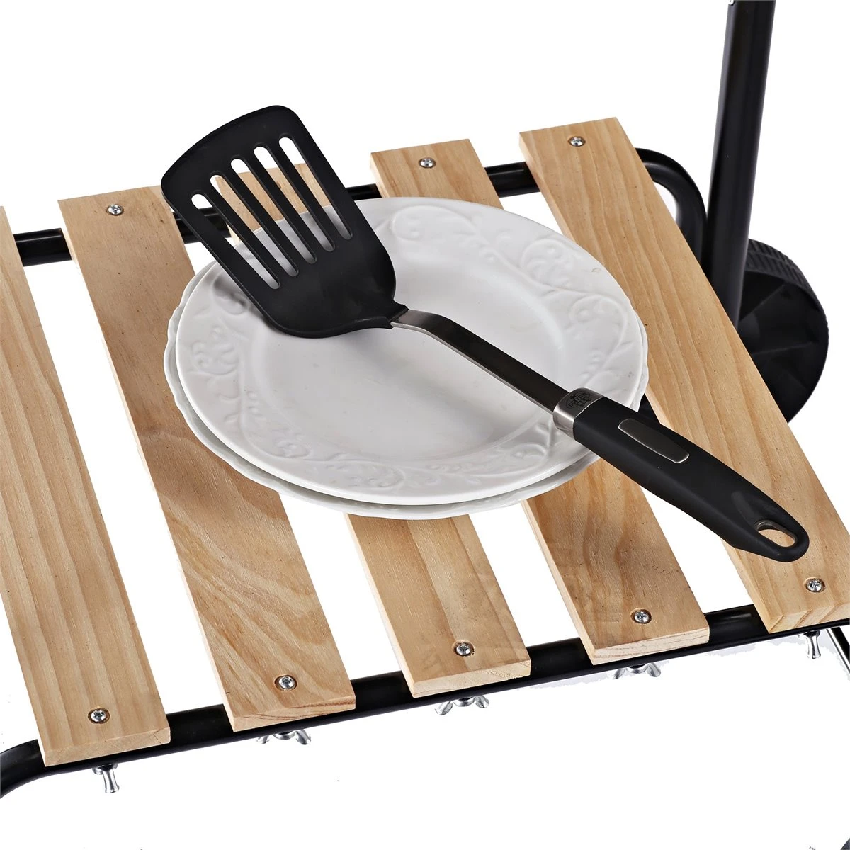 Outsunny Barbacoa De Carbón Picnic Con Estantes De Madera Parrillas Asador BBQ Patio Acampada Multifuncional Parilla De Carbón Vegetal 98x49x81cm Con Ruedas - Imagen 8