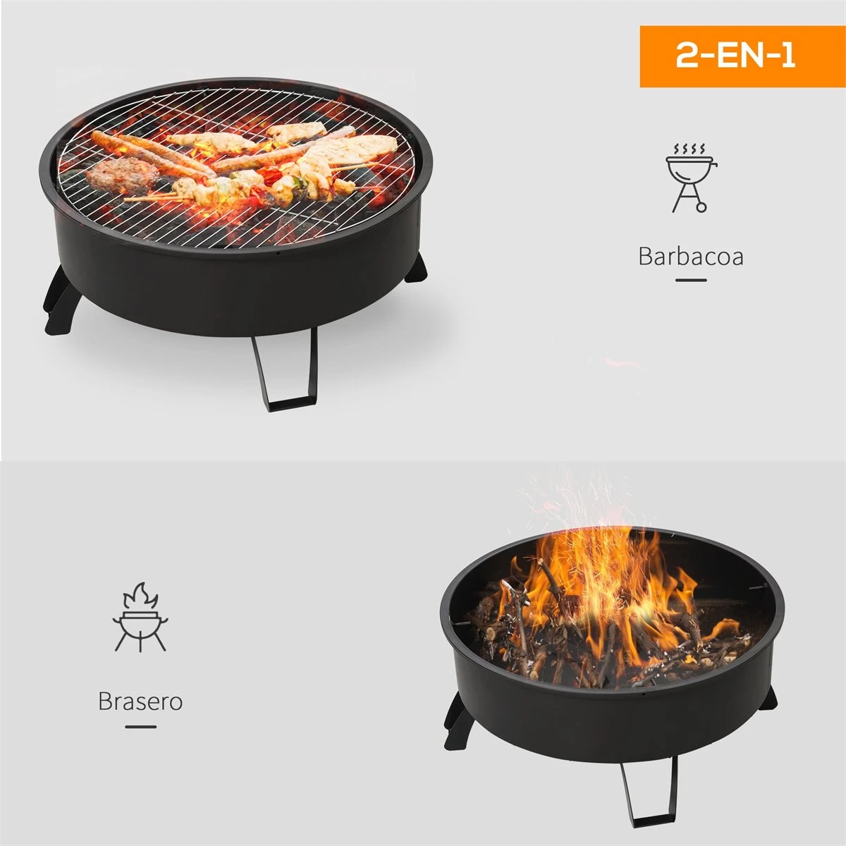Outsunny Brasero Exterior Ø76x49,5 Cm 2 EN 1 Profundidad Del Cuenco 18 Cm Con Rejilla De Cocina Parrilla Para Barbacoa Calefacción Tapa De Malla Atizador De Fuego Para Patio Jardín Negro - Imagen 4