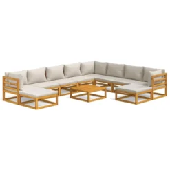 Set Muebles Jardín 11 Pzas Madera Maciza Y Cojines Gris Claro VidaXL