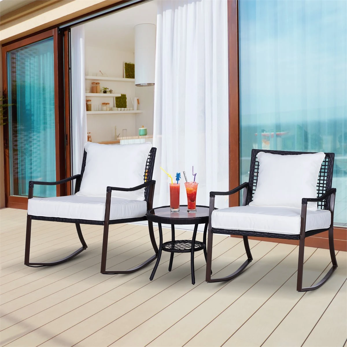 Outsunny Conjunto De Muebles De Ratán Para Jardín Con Mesa Ø51x46 Cm Y 2 Sillas Mecedoras 65,5x73,5x84,5 Cm Con Cojines Lavables Y Almohadas Blanco Y Marrón - Imagen 7