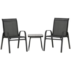Outsunny Conjunto De Muebles De Jardín 3 Piezas Muebles Exterior Incluye 2 Sillones Apilables Con Tela De Malla Transpirable Y Mesa De Centro Con Tablero SPC Negro