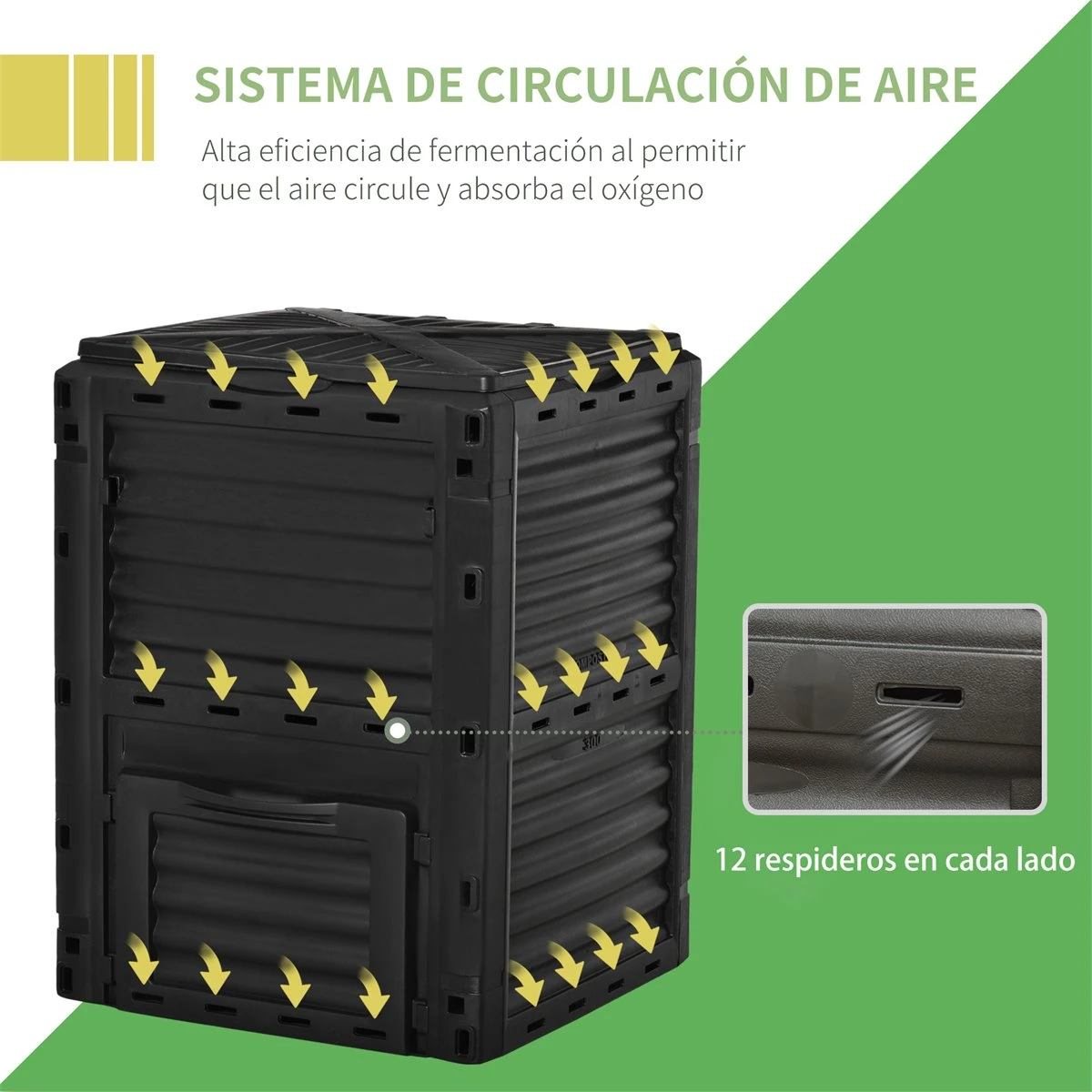 Outsunny Compostador Capacidad De 300L Compostera Orgánica Para Producción Abono De Jardín Exterior Con 48 Respiraderos 60,5x60,5x81,5 Cm Negro - Imagen 6