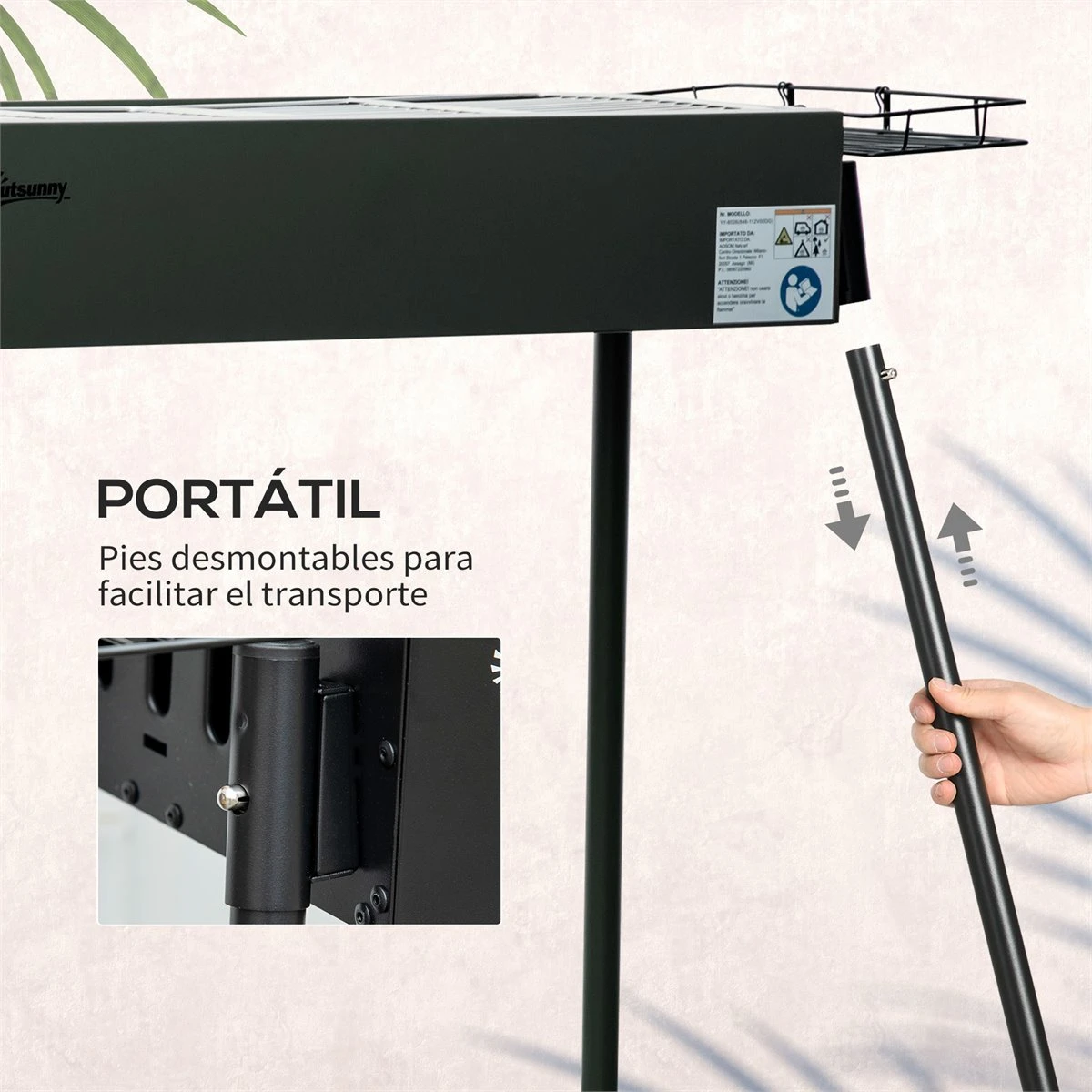 Outsunny Barbacoa De Carbón Con 2 Parrillas De Acero Inoxidable Barbacoa Portátil Con 2 Especieros Para Acampar Picnic Camping Jardín 77x30x70 Cm Negro - Imagen 7