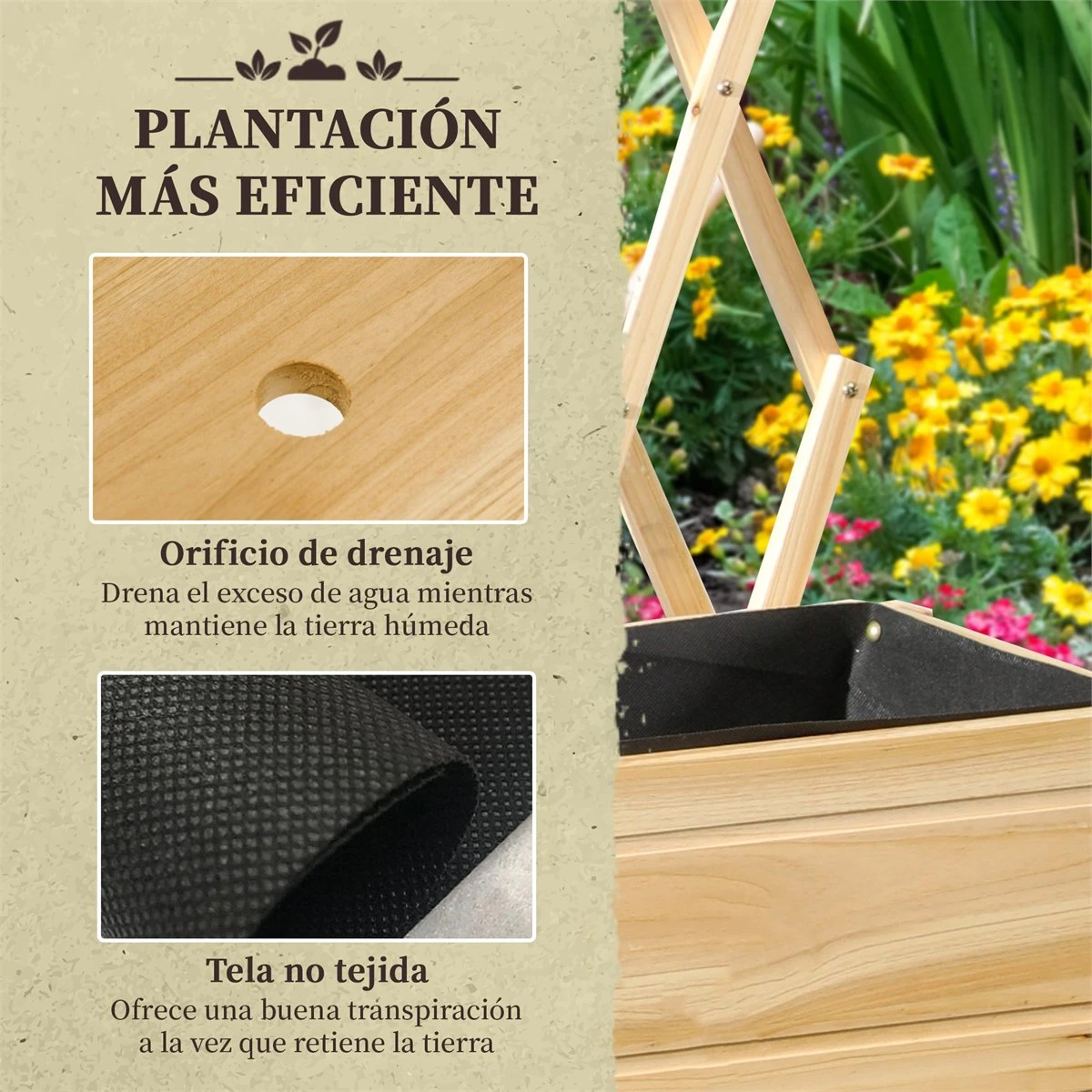 Outsunny Huerto Urbano Elevado De Madera Con Ruedas Mesa De Cultivo Con Enrejado Cama De Jardín Elevado Con Tela No Tejida Y Orificio De Drenaje Para Plantas Flores 79x29x130 Cm Natural - Imagen 6