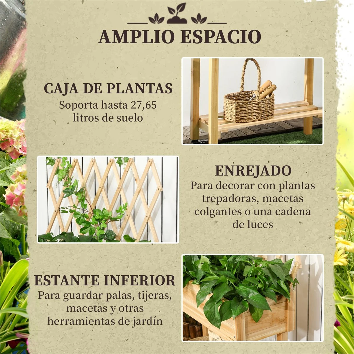 Outsunny Huerto Urbano Elevado De Madera Con Ruedas Mesa De Cultivo Con Enrejado Cama De Jardín Elevado Con Tela No Tejida Y Orificio De Drenaje Para Plantas Flores 79x29x130 Cm Natural - Imagen 4