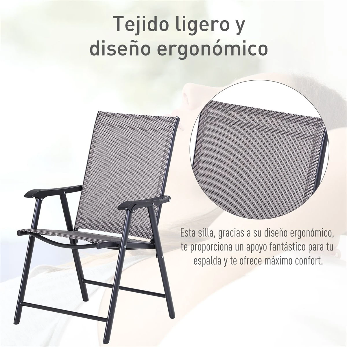 Outsunny Conjunto De 2 Sillas Plegables Para Exterior Con Reposabrazos Sillas Para Balcones Jardín Terraza Metal Texteline Carga 100kg 58x64x94 Cm Gris - Imagen 4