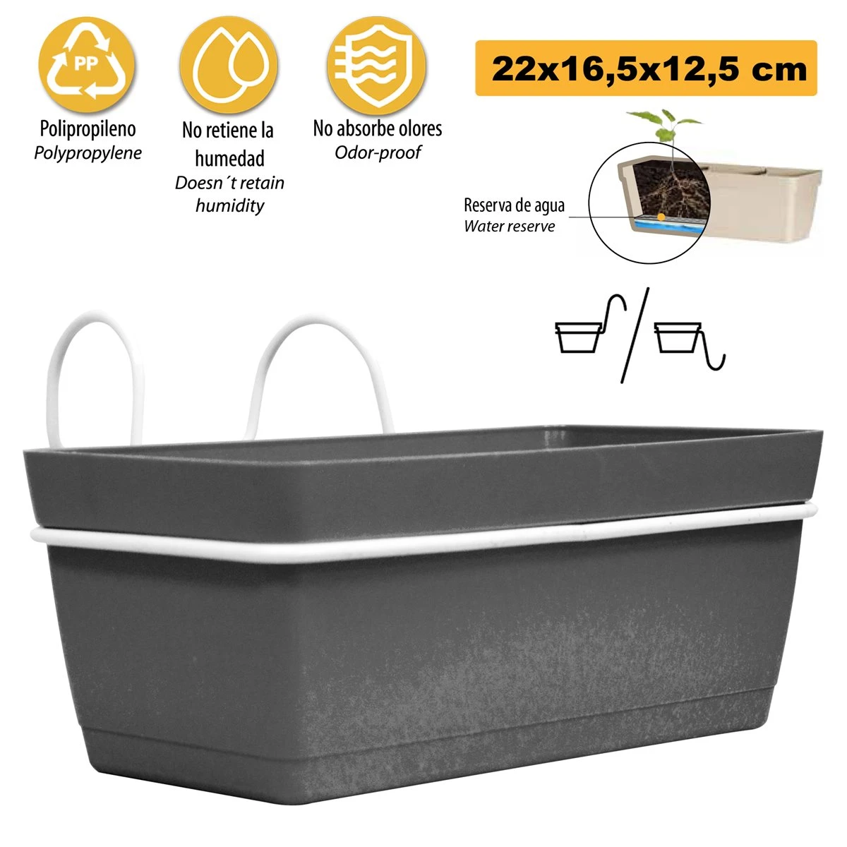 3 Jardineras L 22 Cm Con Ganchos, De Polipropileno - Imagen 3