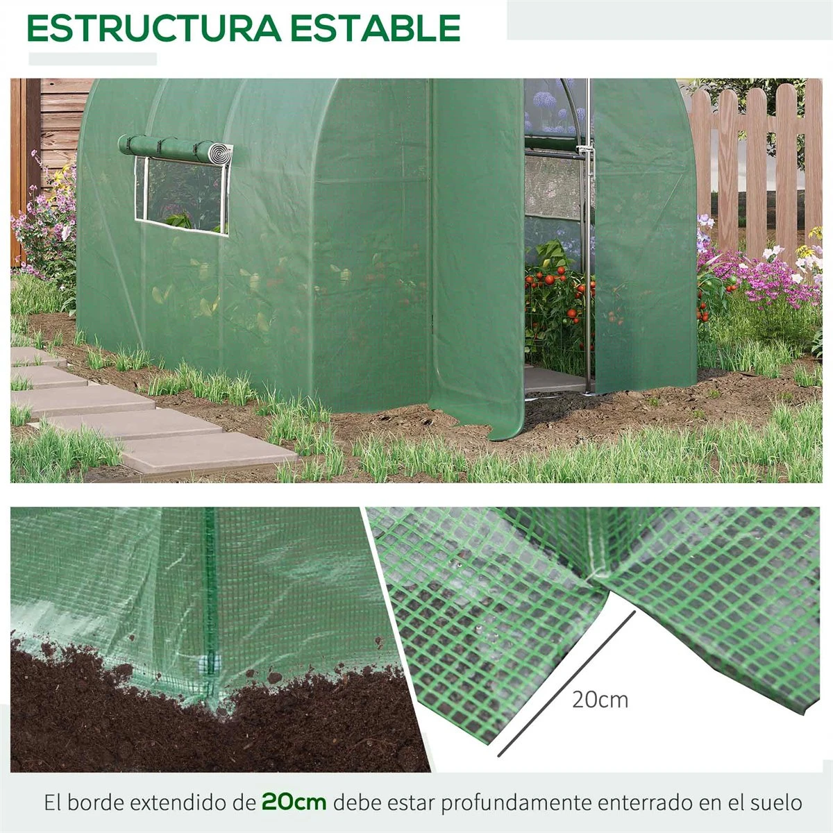 Outsunny Invernadero De Túnel 3x2x2 M Con Puerta Y Ventanas Función De Drenaje Invernadero De Jardín Grande Con Cubierta De PE Y Metal Galvanizado Para Cultivos Plantas Verduras Verde - Imagen 5