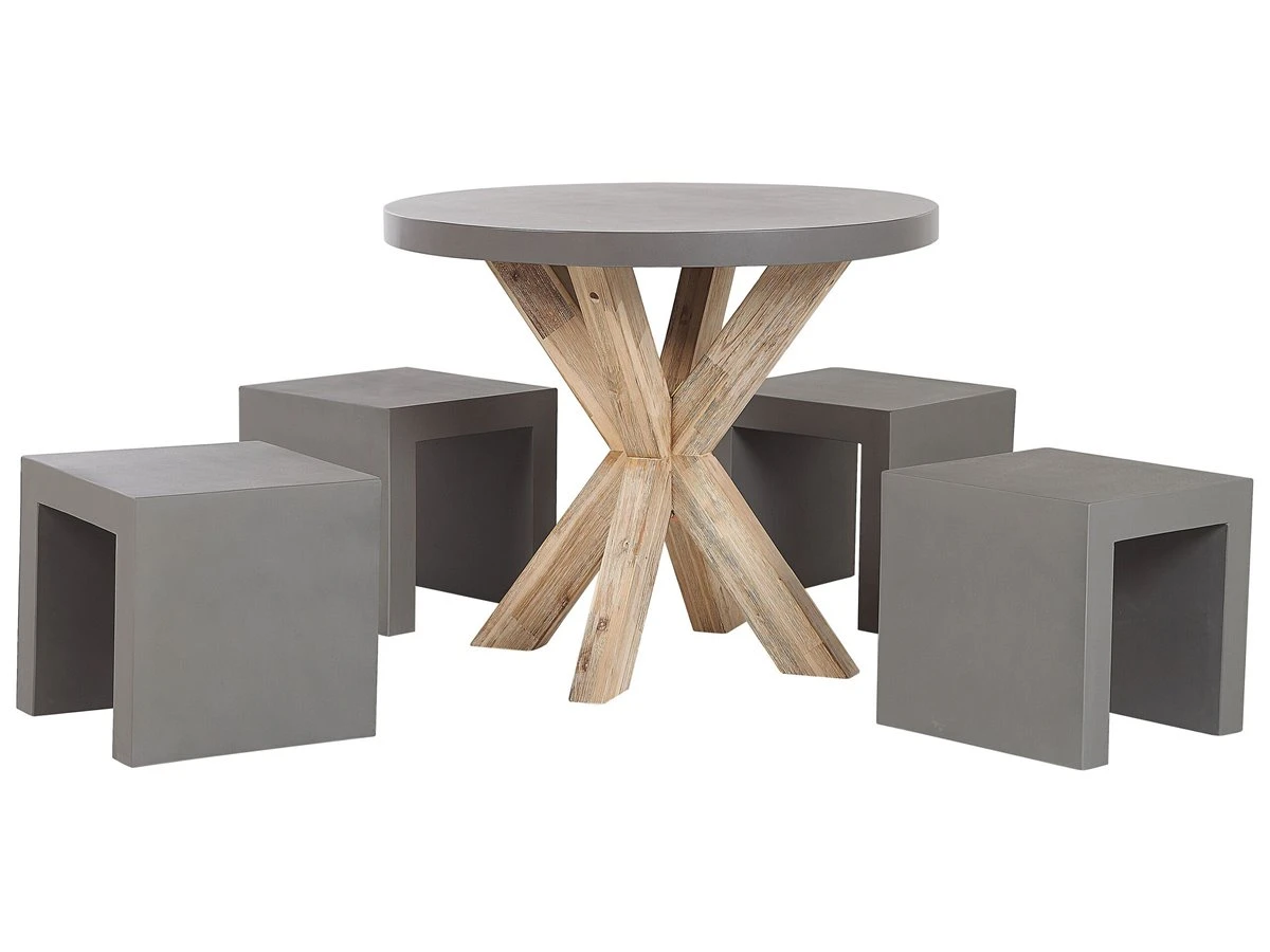 Conjunto De Jardín De Cemento Reforzado Mesa ⌀ 90 Cm 4 Taburetes Gris/madera Clara OLBIA/TARANTO - Imagen 2