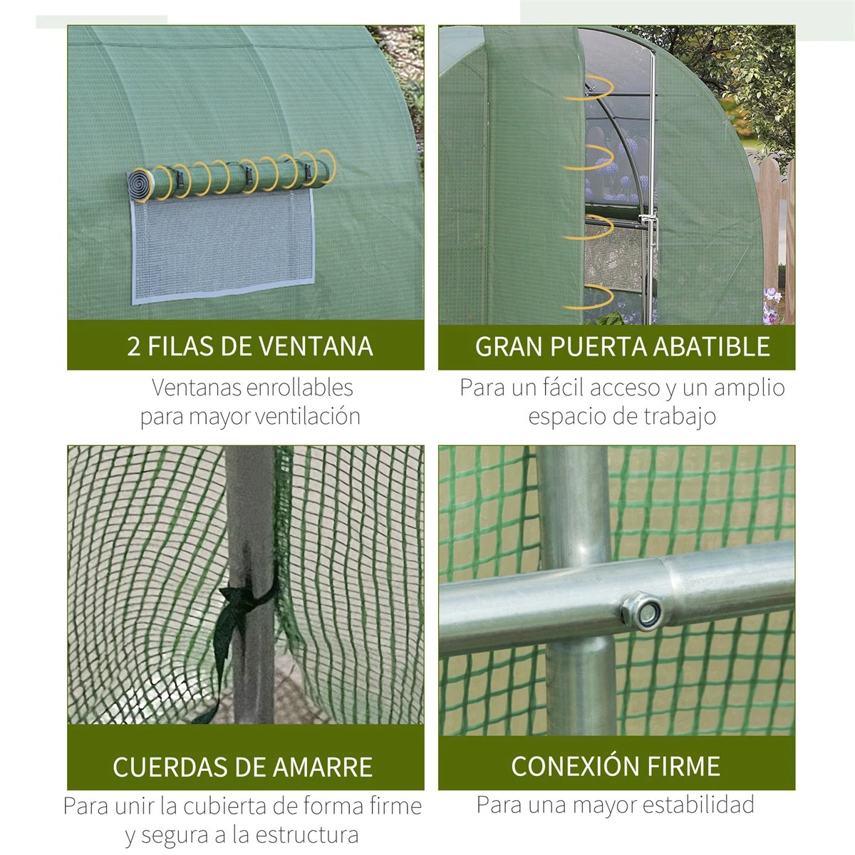 Outsunny Invernadero De Túnel 3x2x2 M Con Puerta Y Ventanas Función De Drenaje Invernadero De Jardín Grande Con Cubierta De PE Y Metal Galvanizado Para Cultivos Plantas Verduras Verde - Imagen 6