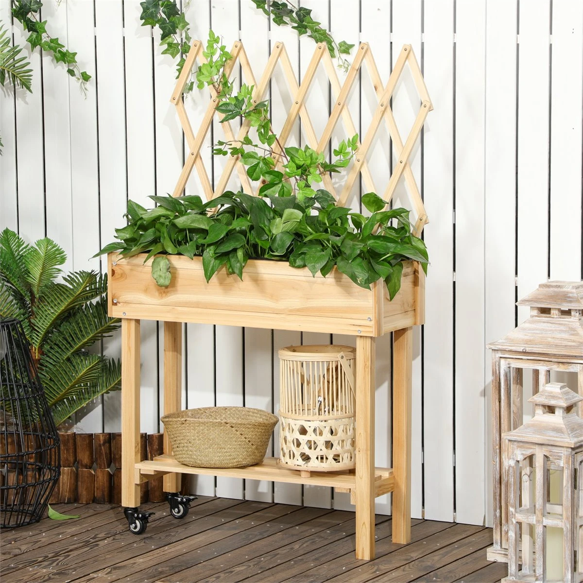 Outsunny Huerto Urbano Elevado De Madera Con Ruedas Mesa De Cultivo Con Enrejado Cama De Jardín Elevado Con Tela No Tejida Y Orificio De Drenaje Para Plantas Flores 79x29x130 Cm Natural - Imagen 2