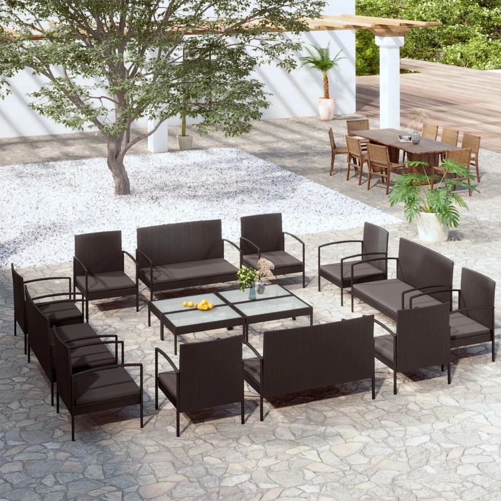 Set Muebles De Jardín 16 Piezas Y Cojines Ratán Sintético Negro VidaXL - Imagen 3