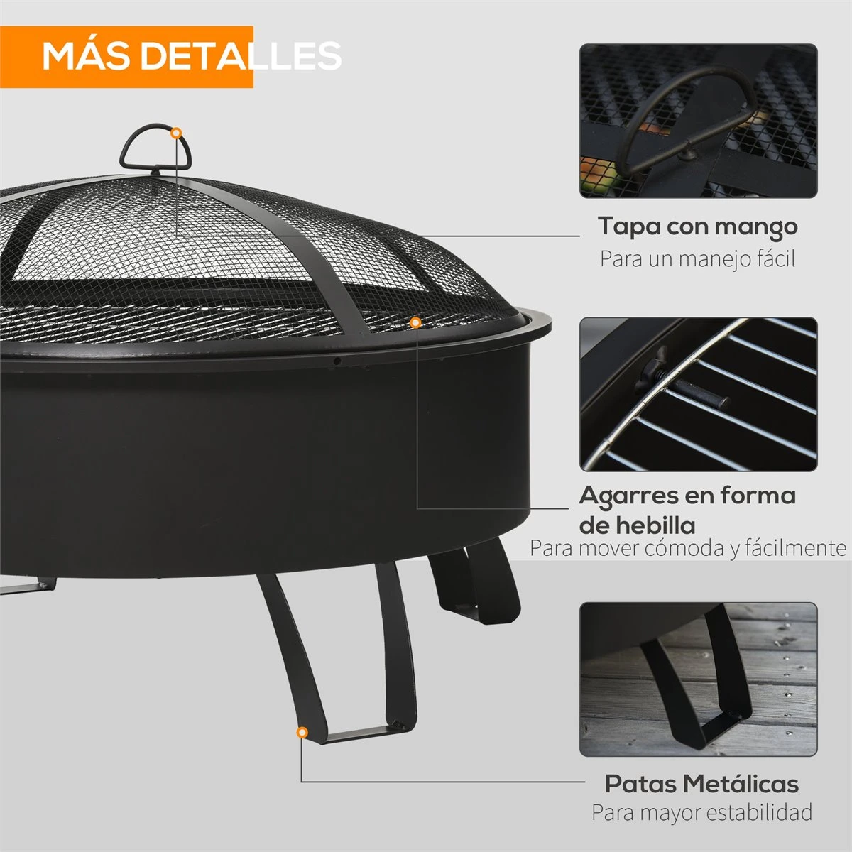 Outsunny Brasero Exterior Ø76x49,5 Cm 2 EN 1 Profundidad Del Cuenco 18 Cm Con Rejilla De Cocina Parrilla Para Barbacoa Calefacción Tapa De Malla Atizador De Fuego Para Patio Jardín Negro - Imagen 7