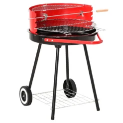Outsunny Parilla Para Barbacoa De Carbón Con Rejilla A Diferentes Alturas Parilla De Calentamiento Con Estante Redondo Para Almacenaje 51x70x75,5 Cm Rojo Y Negro