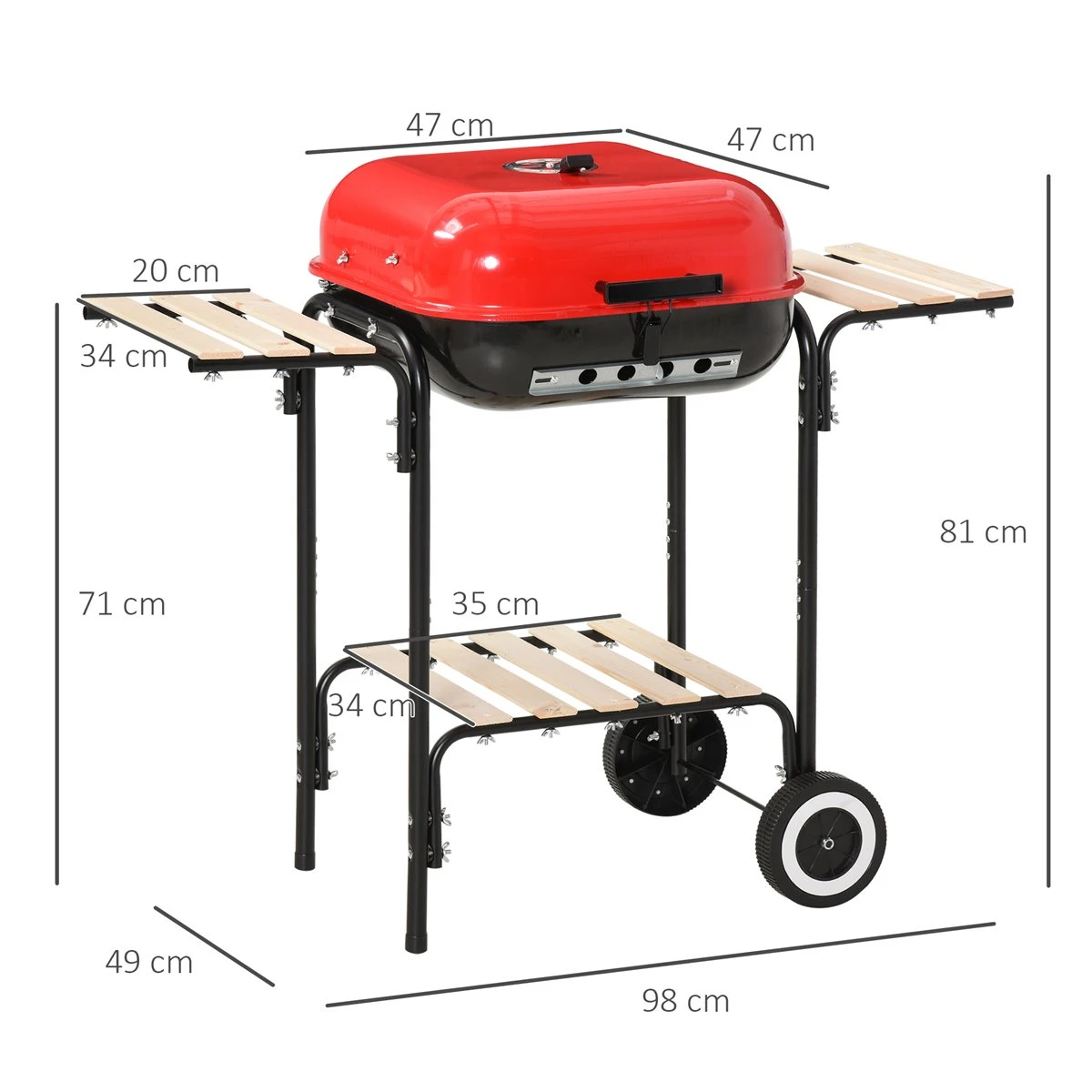 Outsunny Barbacoa De Carbón Picnic Con Estantes De Madera Parrillas Asador BBQ Patio Acampada Multifuncional Parilla De Carbón Vegetal 98x49x81cm Con Ruedas - Imagen 3