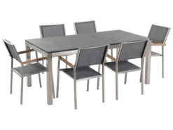 Conjunto De Jardín Mesa Con Tablero De Piedra Natural Pulida Negra 180 Cm, 6 Sillas De Tela Gris GROSSETO