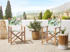 Conjunto De 2 Sillas De Jardín Madera Clara/blanco Crema Con Tela Verde/blanco/rojo CINE