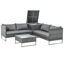 Outsunny Conjunto De 4 Muebles De Jardín De Ratán Con 2 Sofás Dobles Mesa Central Mesa Con Arcón Cojines Extraíbles Para Terraza Exterior 132x69x64 Cm Gris