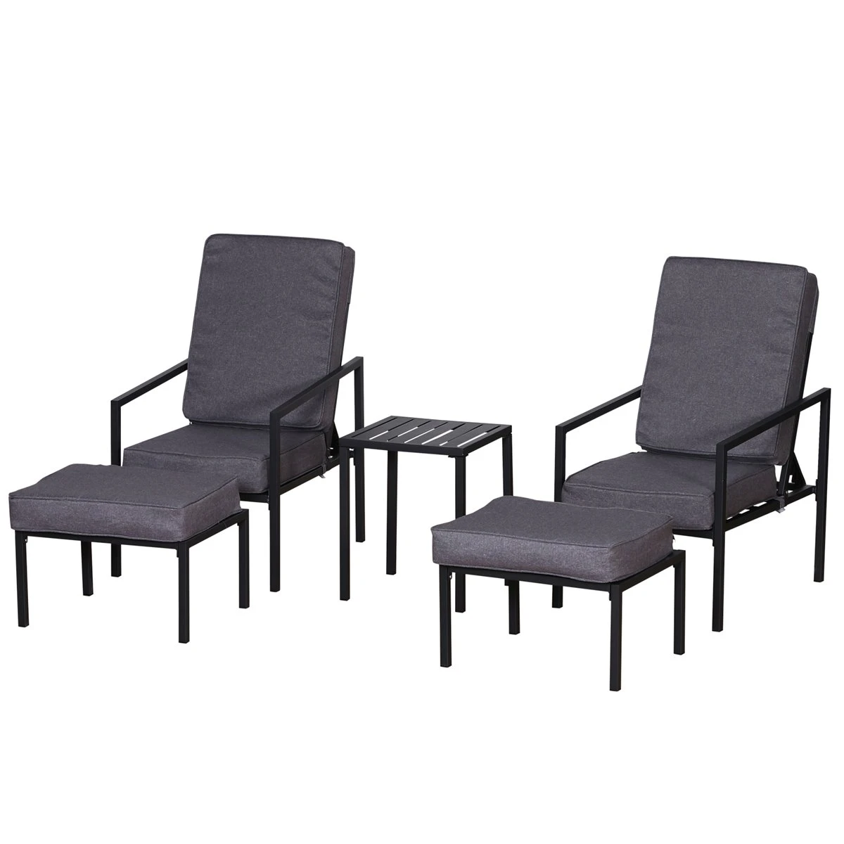 Outsunny Conjunto Mueble Exterior Apto Jardin Incluye 2 Sillas 2 Taburetes 1 Mesa Para Café Con Cojín Suave 5 Niveles En Respaldo Reclinable Gris Y Negro 50x50x82/77/70/60/50cm
